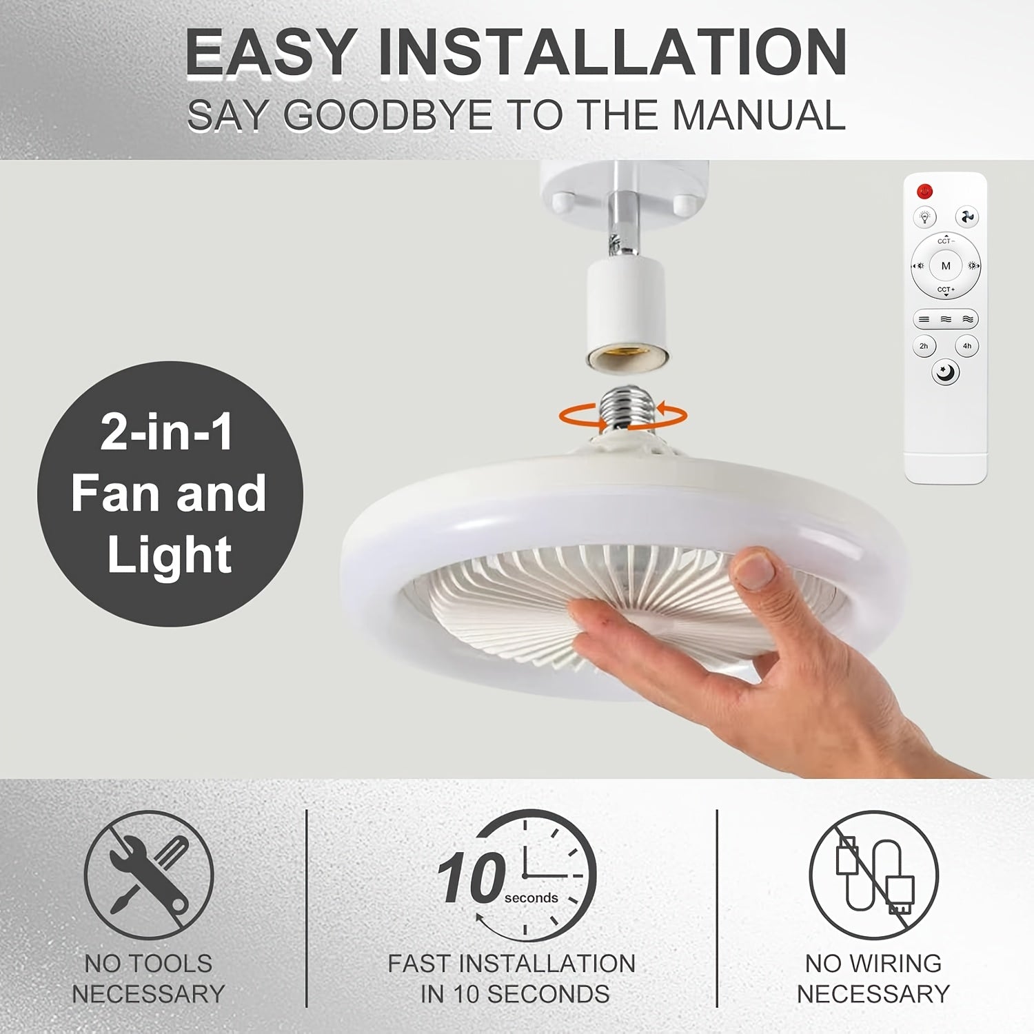 10 Inch LED 360° Rotating Ceiling Fan Light with Remote Control, 3 Color Modes &amp; 3 Speed Levels, E27/E27 Base Easy Installation, 4 Modern Designs, Ideal for Bedside Use
