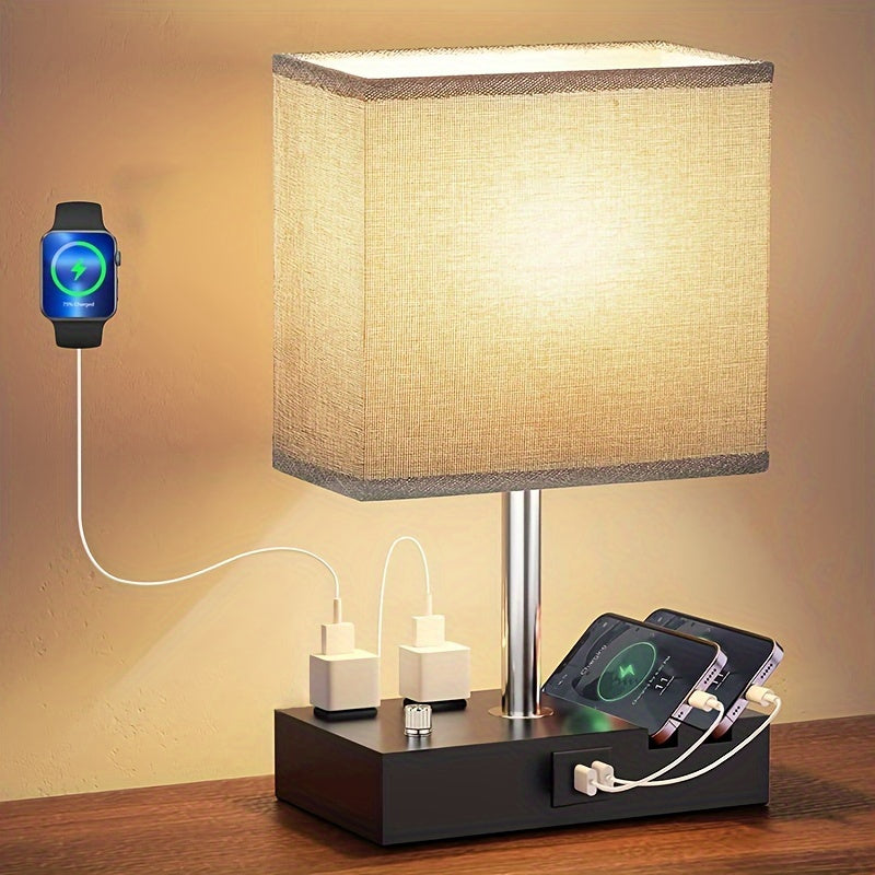 Dimmable table lamp bedroom dual USB port bedside lamp for nightstand counter lamp with charging station, 2 power outlets, fabric lampshade, LED bulb