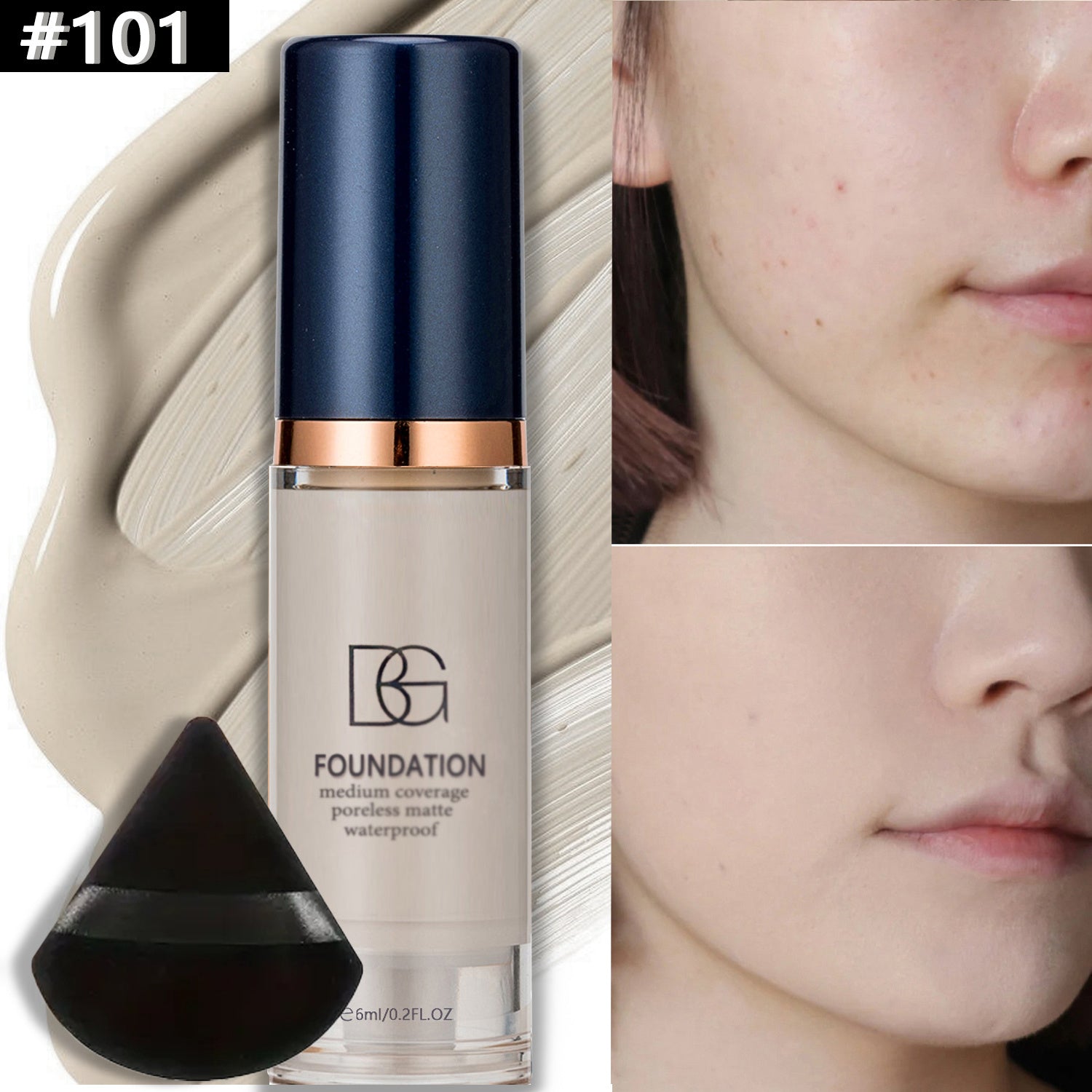 BEAUTY GLAZED全效遮瑕防水粉底液与粉扑套装——强效遮盖黑眼圈与瑕疵，适用于所有肤质（中性偏白），便携式全妆遮瑕
