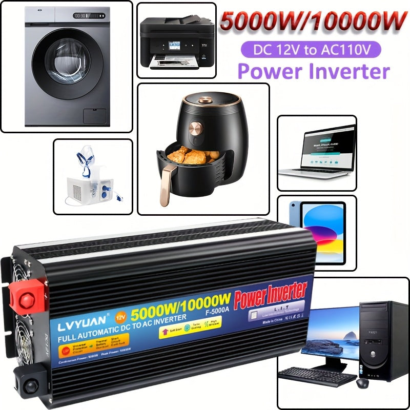 LVYUAN 5000W/10000W（峰值）汽车电源逆变器，12V/24V转110V带4个交流插座，LCD显示屏，3.1A USB车载适配器，适用于汽车、房车、卡车、离网太阳能系统、智能手机、笔记本电脑、户外露营