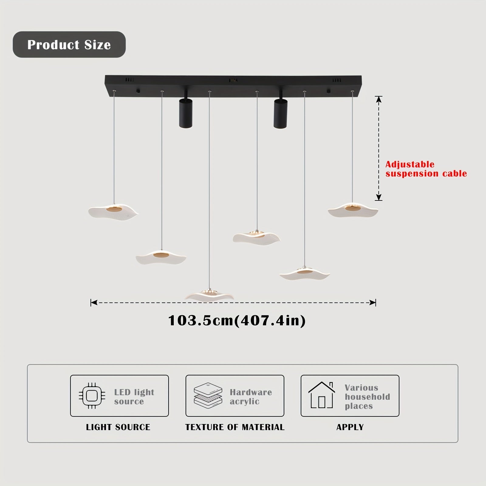 Enkerr modern style 6-head dimmable LED pendant light, with remote control, adjustable color temperature (3000K-6000K) and brightness, infrared remote control, memory function, large ceiling light suitable for kitchen island