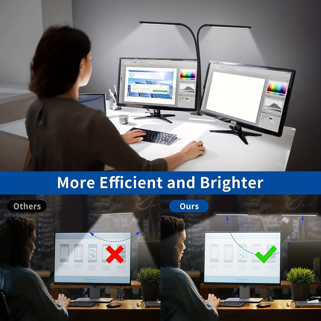 1 modern LED desk lamp, with 2 LED tubes, clip-on design, 3 color modes, 10 brightness levels, dimmable, flexible gooseneck, USB powered, switch control, plastic material, suitable for home office reading and task lighting