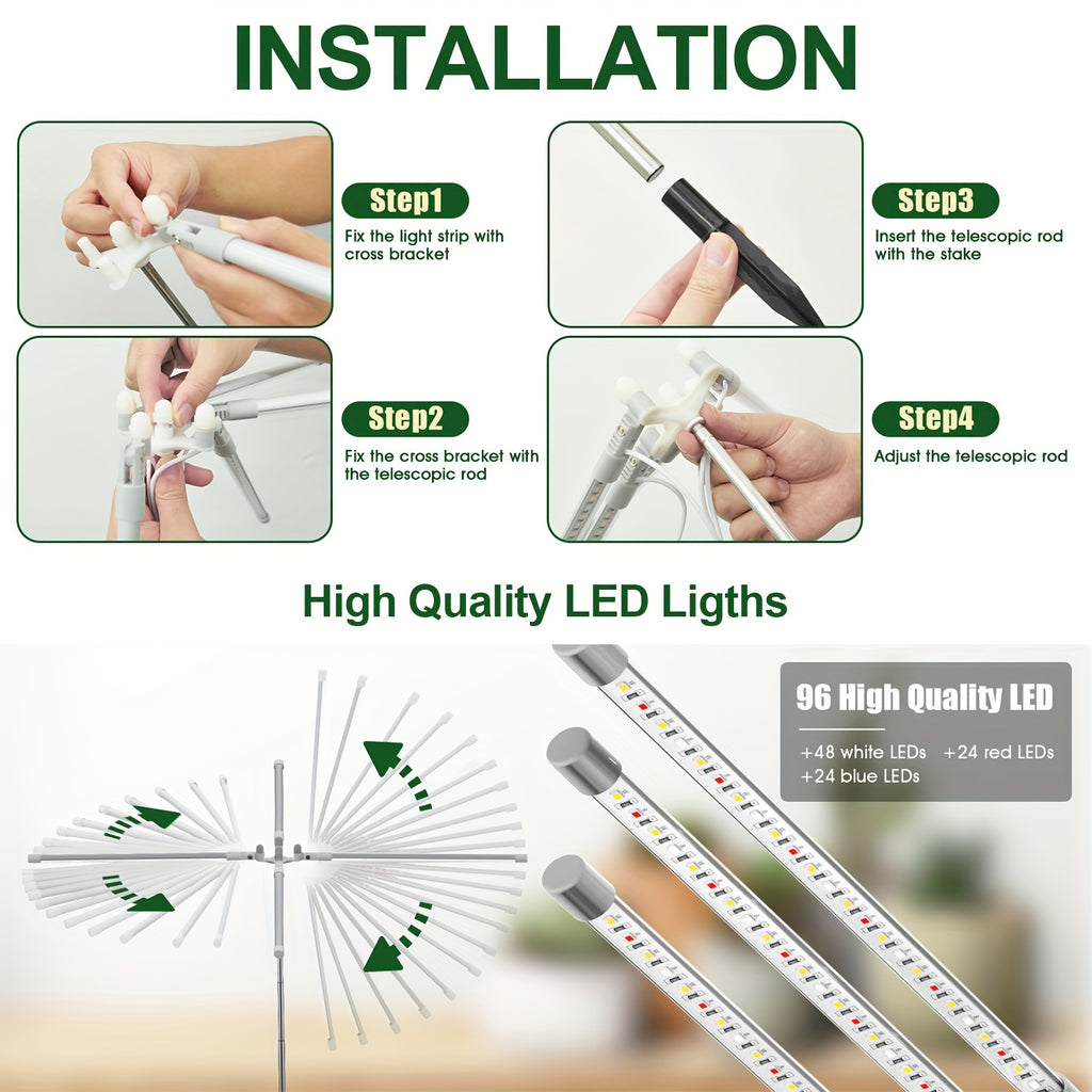1pc 4-Tube 3 Lighting Modes 96LED Full Spectrum Grow Light, Multi-Angle Illumination, Dimmable & Timable, 30cm-150cm Height Adjustable, USB Powered LED Plant Grow Light (No Built-in Battery)