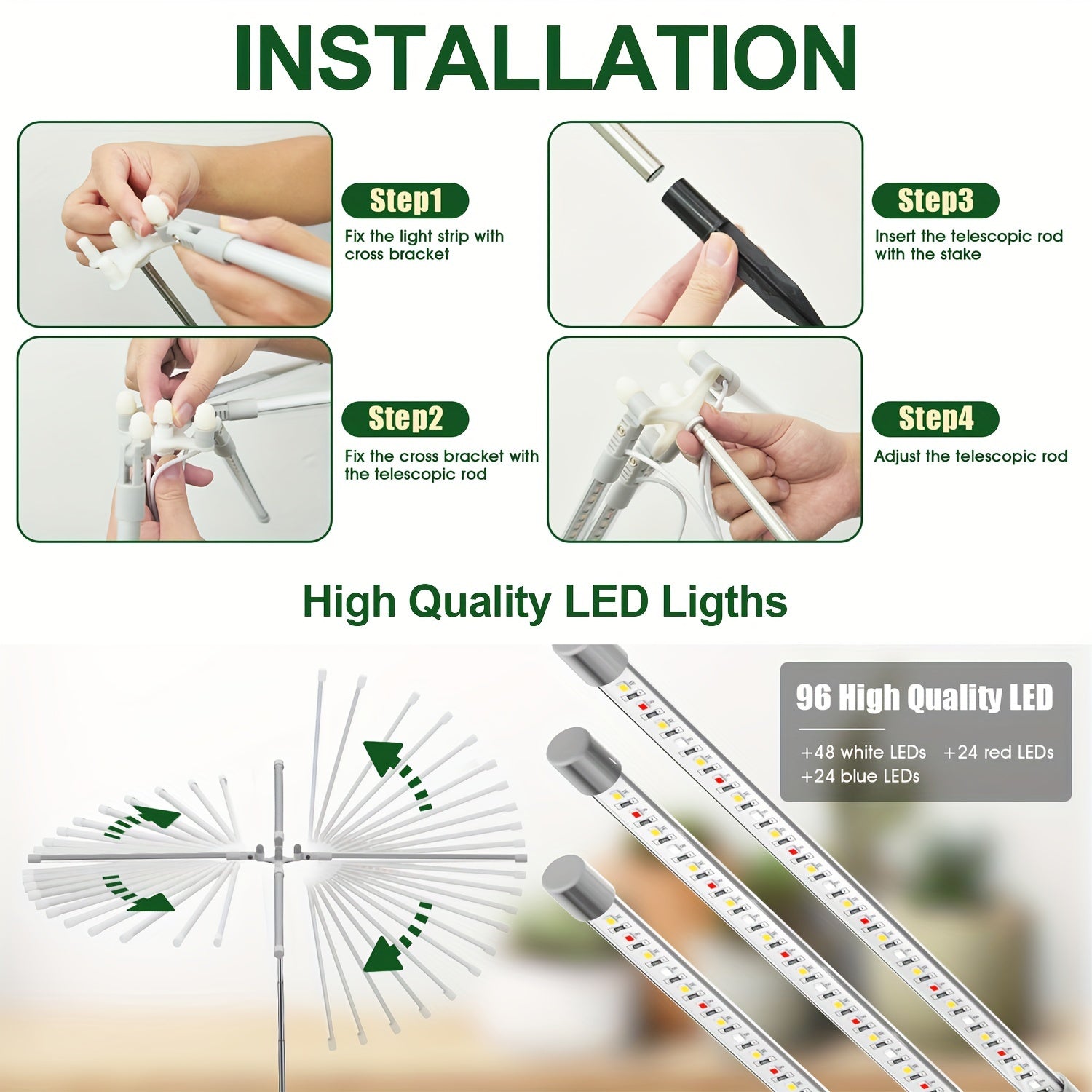 1pc 4-Tube 3 Lighting Modes 96LED Full Spectrum Grow Light, Multi-Angle Illumination, Dimmable & Timable, 30cm-150cm Height Adjustable, USB Powered LED Plant Grow Light (No Built-in Battery)