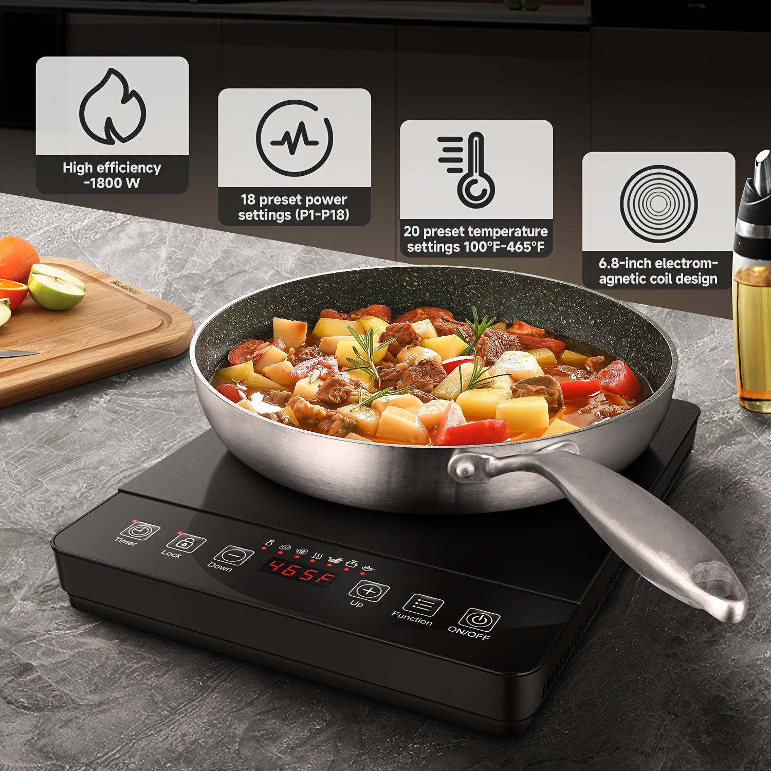 Aobosi Portable Induction Cooktop, 1800W Powerful Output for Fast & Efficient Cooking, Blue LCD Display. Features 18 Power Levels, 20 Temperature Settings & Lock Function, Plus 3 Adjustable Cooking Programs.