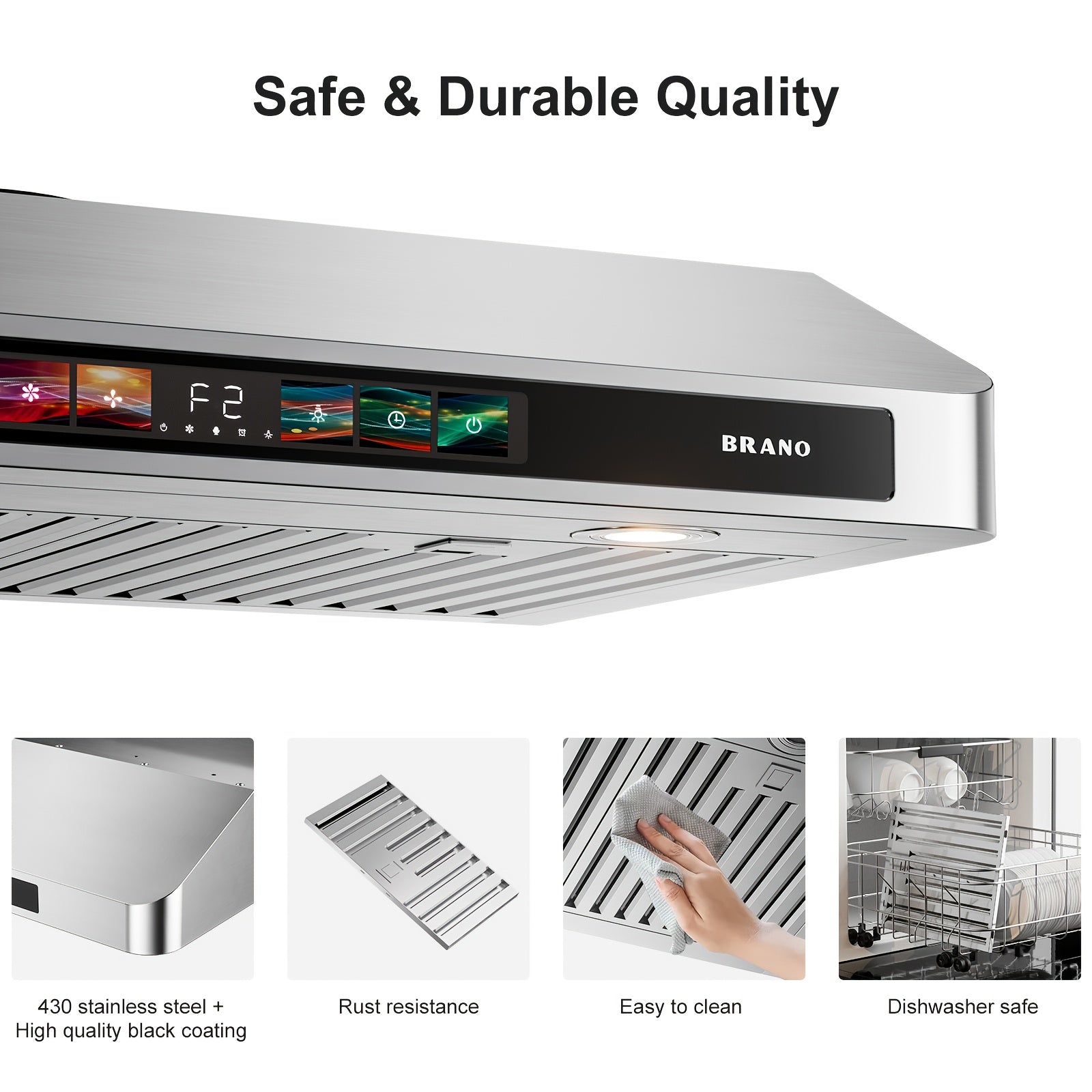 BRANO 30-Inch Built-In Range Hood with Voice/Gesture/Touch Control, 900 CFM High-Performance Exhaust Fan, Stainless Steel Kitchen Ventilation Grille with LED Light, 4-Speed Silent Operation