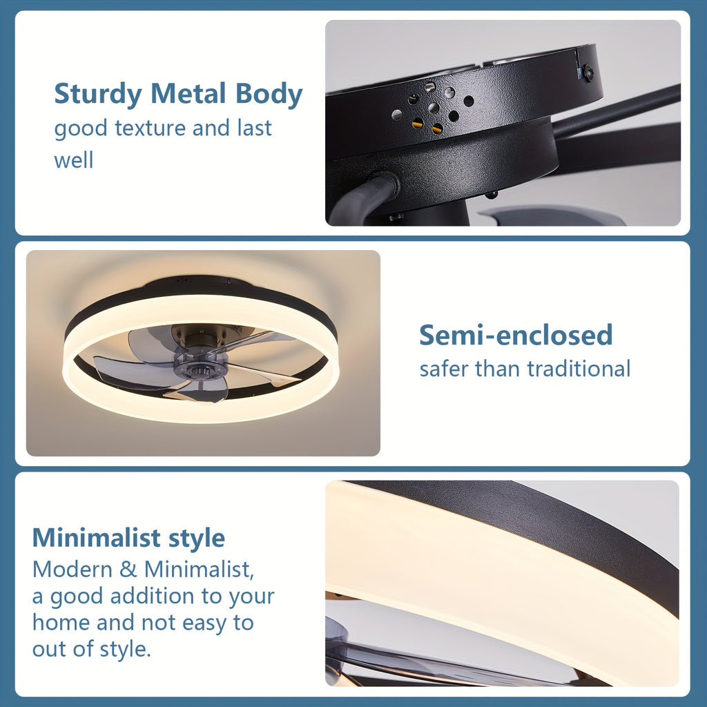 Low Profile 19.7 Inch Ceiling Fan with Light & Remote, Dimmable LED 3000K-6000K, 6 Speed Levels, Black Chandelier Fan for Bedroom Living Room