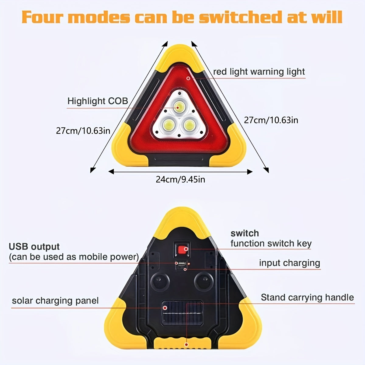 1-Portable LED Traffic Warning Light with COB Beads, USB Rechargeable Emergency Warning Sign, Solar Triangle Light with Built-in Battery, Safety Model for Roadside, Site & Vehicle Breakdown Use