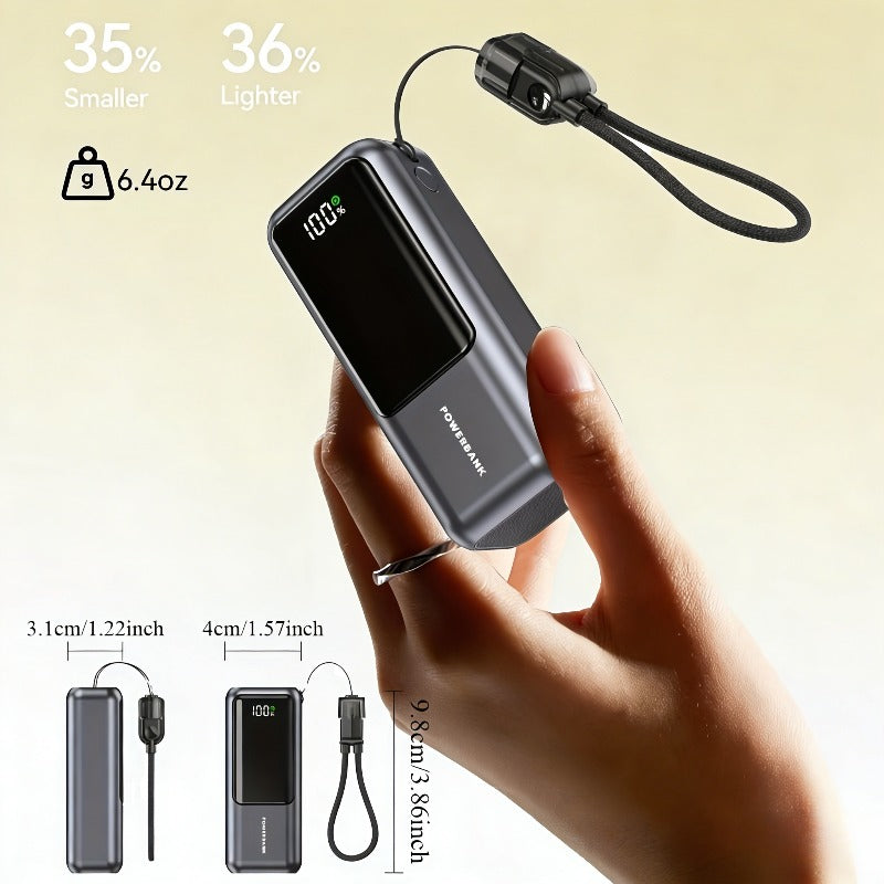 Ultra-Thin Portable Power Bank with Built-in Cable & Fast Charging Suitable for Travel, 10000mAh, USB-C Charger, LED Display, USB-C to USB-C/USB-C to USB- Cable Compatible for Smartphones Tablets Cameras, Compact Mobile Charger