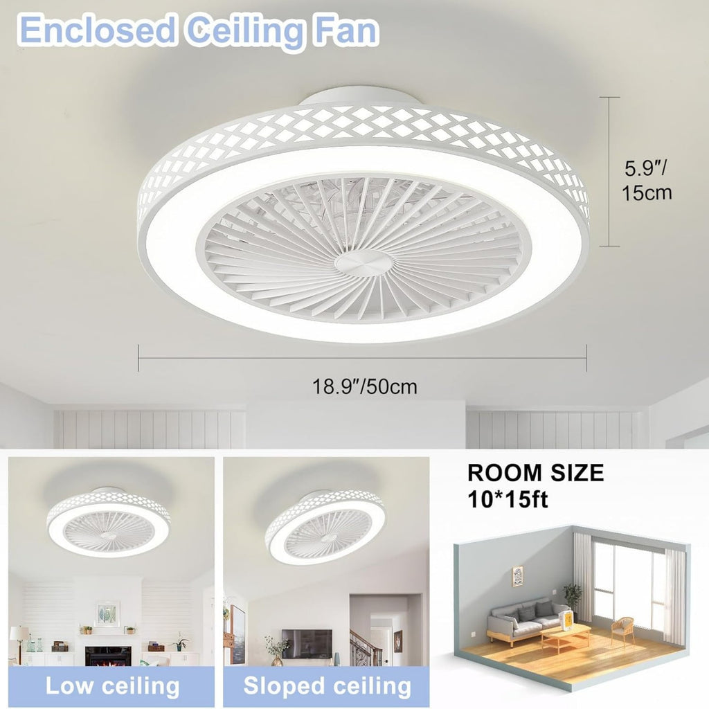19 Inch Reversible Bladeless Ceiling Fan with Light and Remote, 3000K-6500K Silent Timing Modern Low Profile Ceiling Fan Light, 6 Speed Adjustable, Perfect for Living Room, Kitchen, Bedroom, Office