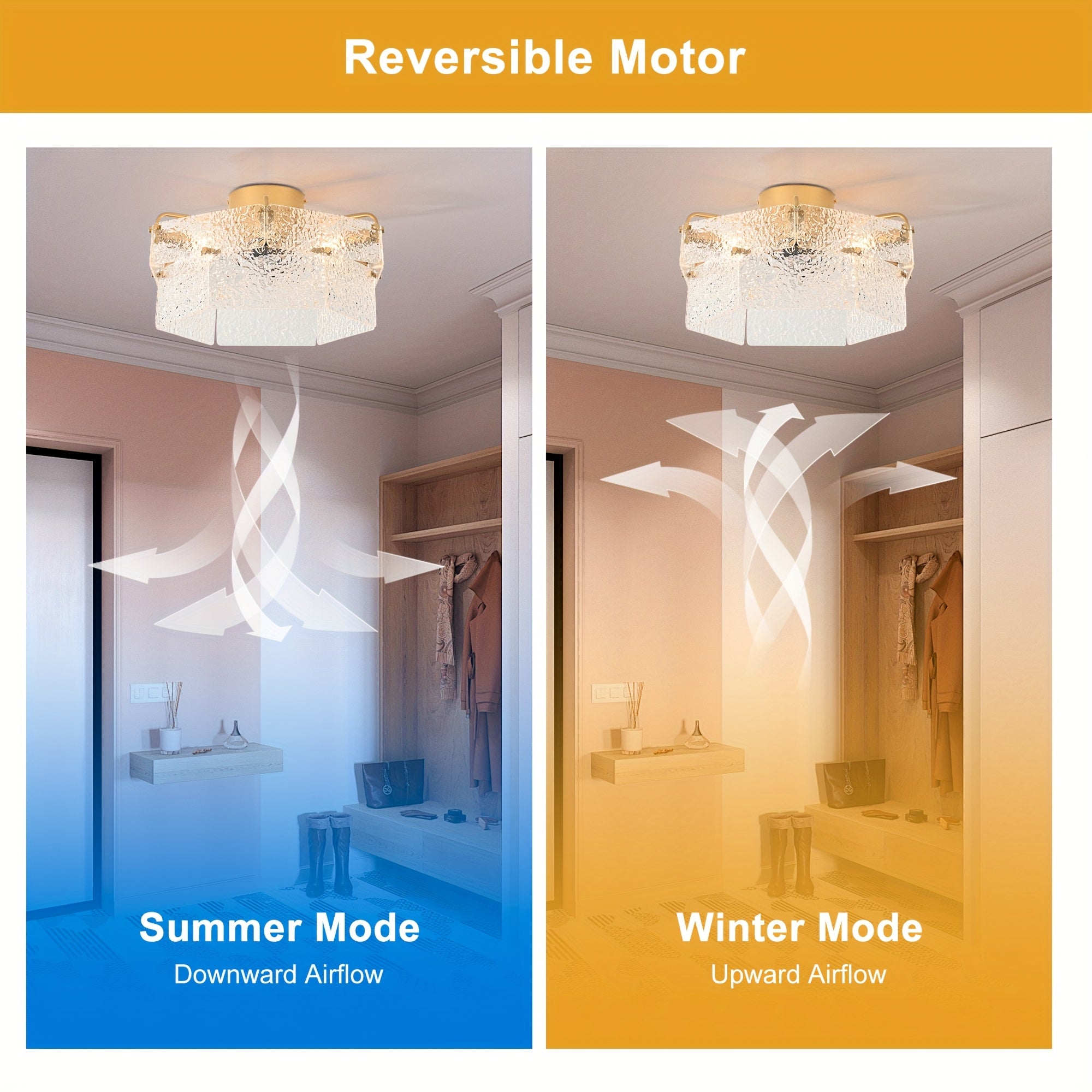 Ganeed Flush Mount Ceiling Fan with Light, 60W Gold Acrylic Ceiling Light, Retro Hallway Ceiling Lamp, Close-to-Ceiling Fixture for Kitchen Island Bedroom Dining Room, E12 Base