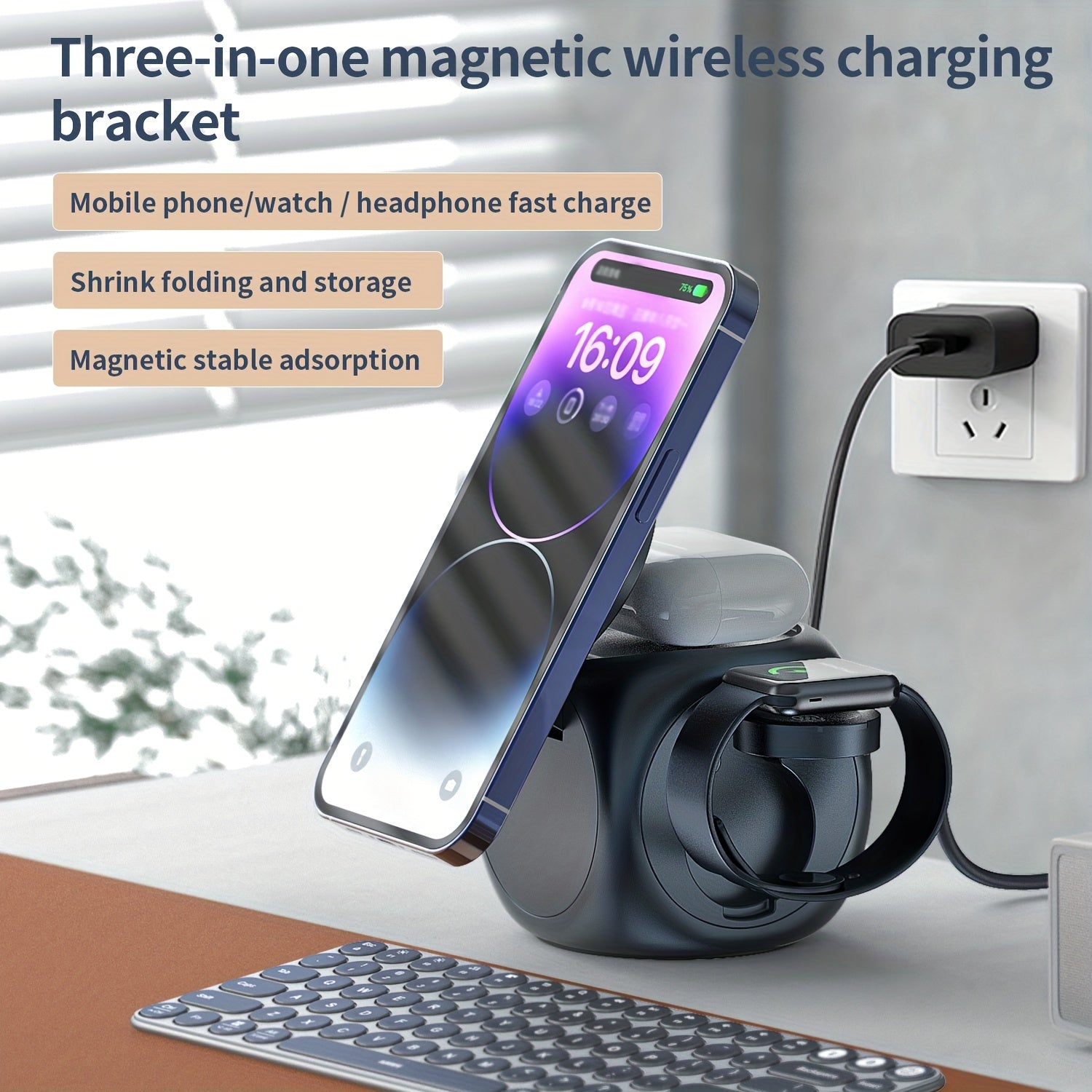 3-in-1 Magnetic Wireless Charging Station with 15W Fast Charging, All-in-One Charger for iPhone 15 14 13 12, for Samsung S24/S24/S22/S21, for Pixel, for Apple Watch & Smart Watch, for AirPods & Earbuds, Desktop Magnetic Charger