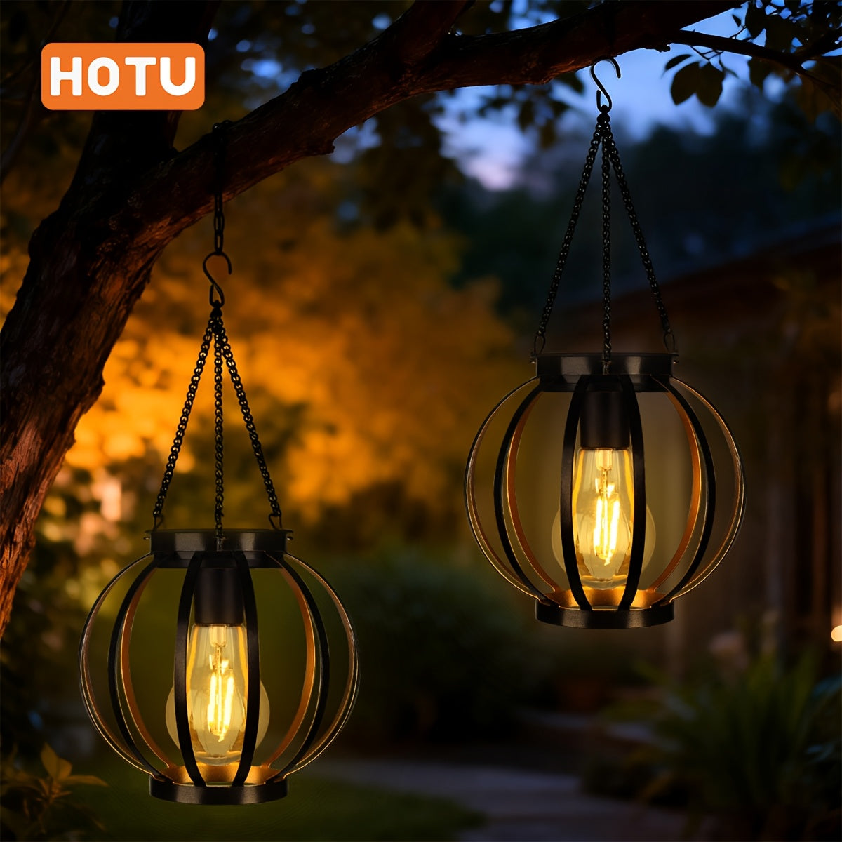 HOTU 2-Pack Outdoor Hanging Light - IP65 Metal Solar Wall Light, Modern Pumpkin Shape / Lampshade Design, Suitable for Outdoor Lighting in Garden, Patio, Porch