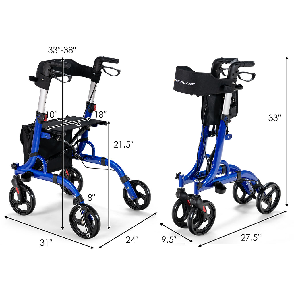 GIANTEX 二合一带座滚动助行器，医疗助行器，可折叠滚动助行器，带8轮，铝合金移动辅助步行器，带高度可调手柄，双重刹车系统，可反转靠背，储物袋。