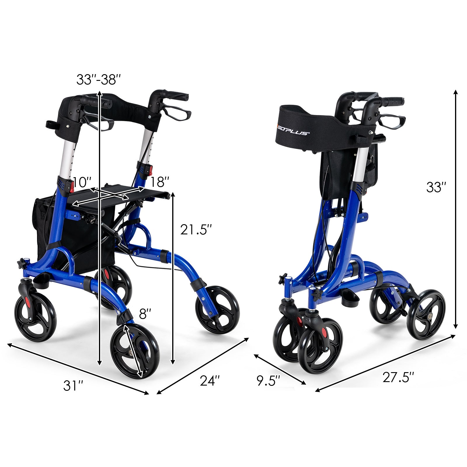 GIANTEX 二合一带座滚动助行器，医疗助行器，可折叠滚动助行器，带8轮，铝合金移动辅助步行器，带高度可调手柄，双重刹车系统，可反转靠背，储物袋。