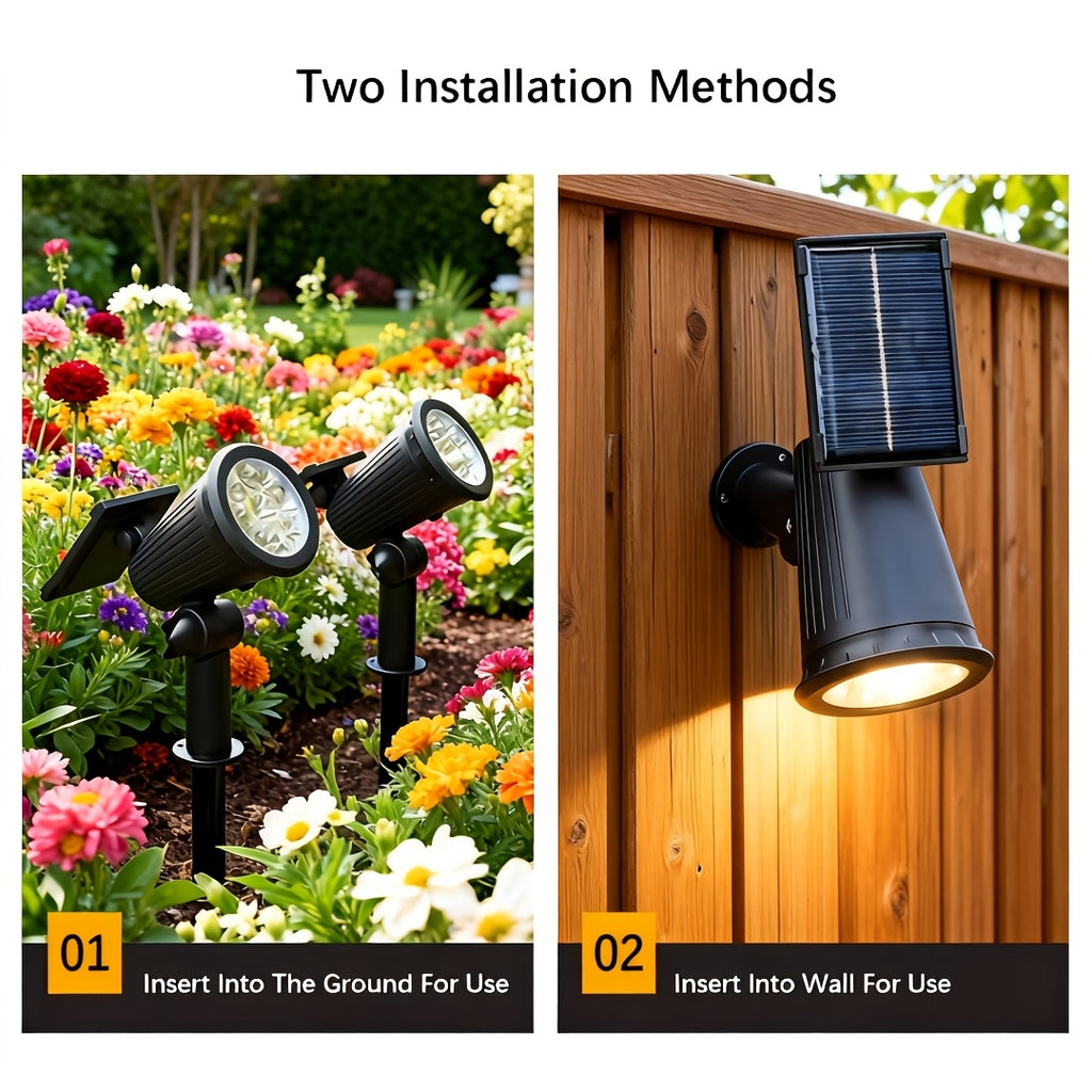 A set of 4 outdoor spotlight fixtures, featuring 9 LED solar lights, equipped with adjustable brightness and RGBW color-changing function. These landscape lights are easy to install, suitable for gardens, driveways, patios
