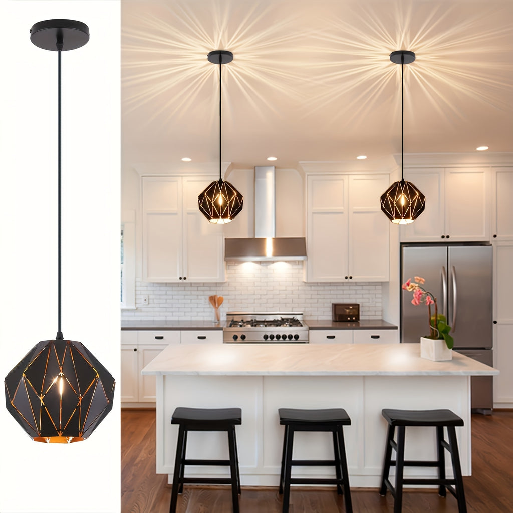 Industrial Pendant Light Kitchen Island, Black Pendant Lighting Fixture Chandelier, with Metal Geometric Diamond Shade, Ceiling Vintage Pendant Light, for Dining Room Living Room Bedroom Modern Light Fixture Ceiling