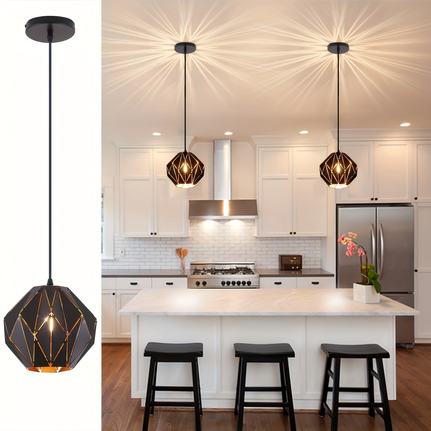 Industrial Pendant Light Kitchen Island, Black Pendant Lighting Fixture Chandelier, with Metal Geometric Diamond Shade, Ceiling Vintage Pendant Light, for Dining Room Living Room Bedroom Modern Light Fixture Ceiling