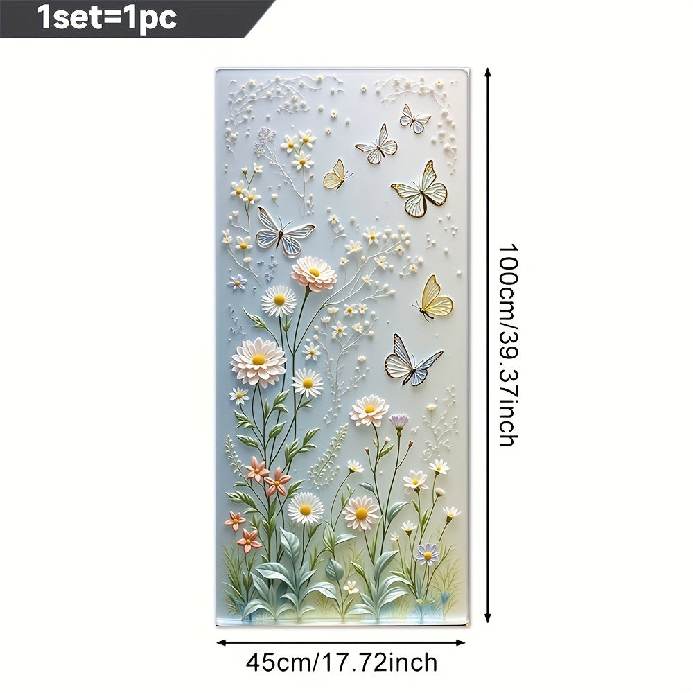 1件花卉蝴蝶印花图案2D窗膜，PVC静电吸附式窗户贴膜，17.72x39.37英寸。家居装饰可移除可重复使用隐私保护易于安装无胶。适用于浴室、厨房、办公室装饰
