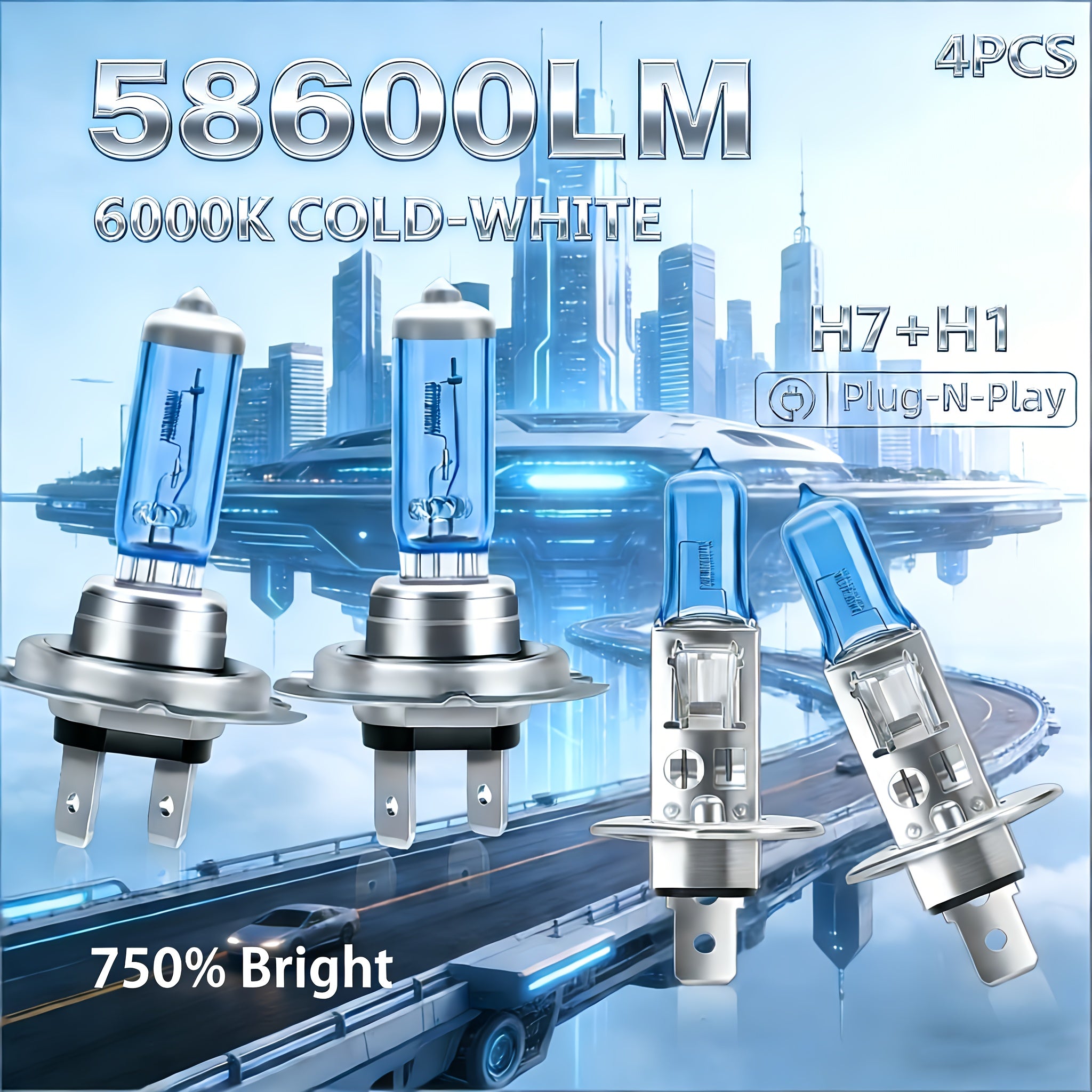 4-Pack LED Car Headlights, Bright Plug-and-Play 6000K White Light, Compatible with 9005/9006/H7/H1/H4/H11 Sockets, Total Luminous Flux 58600 Lumens, High/Low Beam Integrated Fog Light, Fast Heat Dissipation
