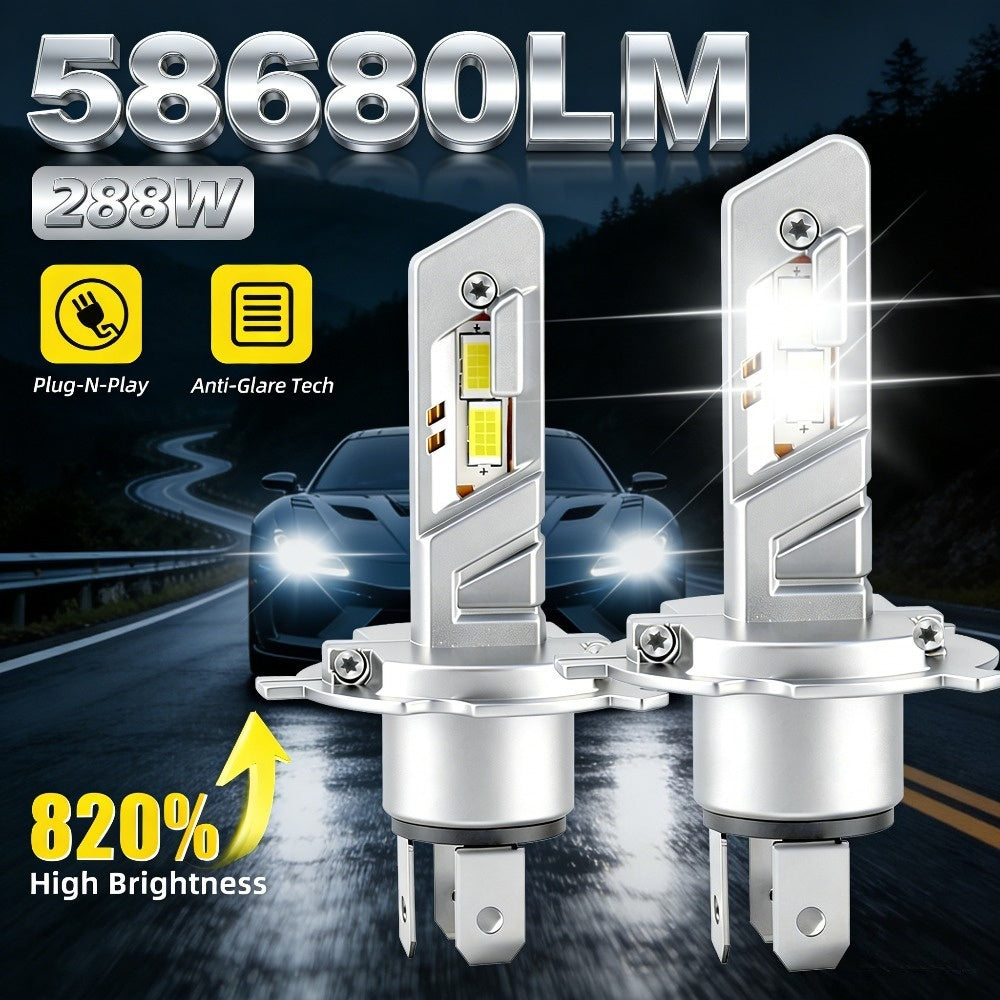 2-Pack LED Car Headlights H7 H11 H1 9005 9006 H4, 58680 Lumens 288W High/Low Beam Fog Light, 820% High Brightness, 300m Illumination Distance, Cool White 6000K, Bright Plug-and-Play Error-Free Decoding