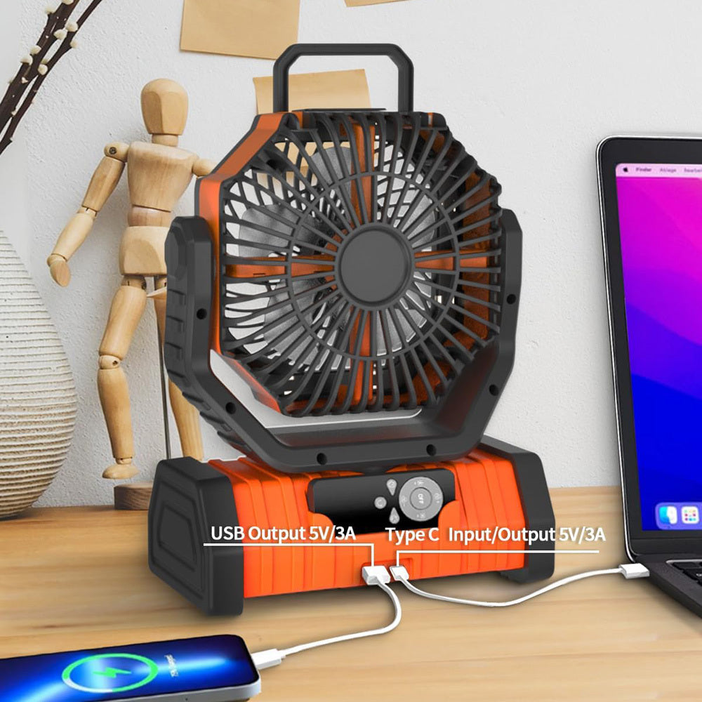 Camping Fan with LED Tent Light, Portable Outdoor Fan with Remote Control, 4 Speeds, 3 Light Modes, 20000mAh Rechargeable Battery, USB Charging, 360° Rotatable Hook for Tent Camping Travel