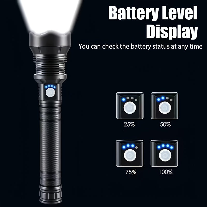Extended Zoomable High Lumen Flashlight, Multifunctional Night Search Light with Power Indicator, USB Rechargeable Emergency Work Light for Hiking Camping Fishing