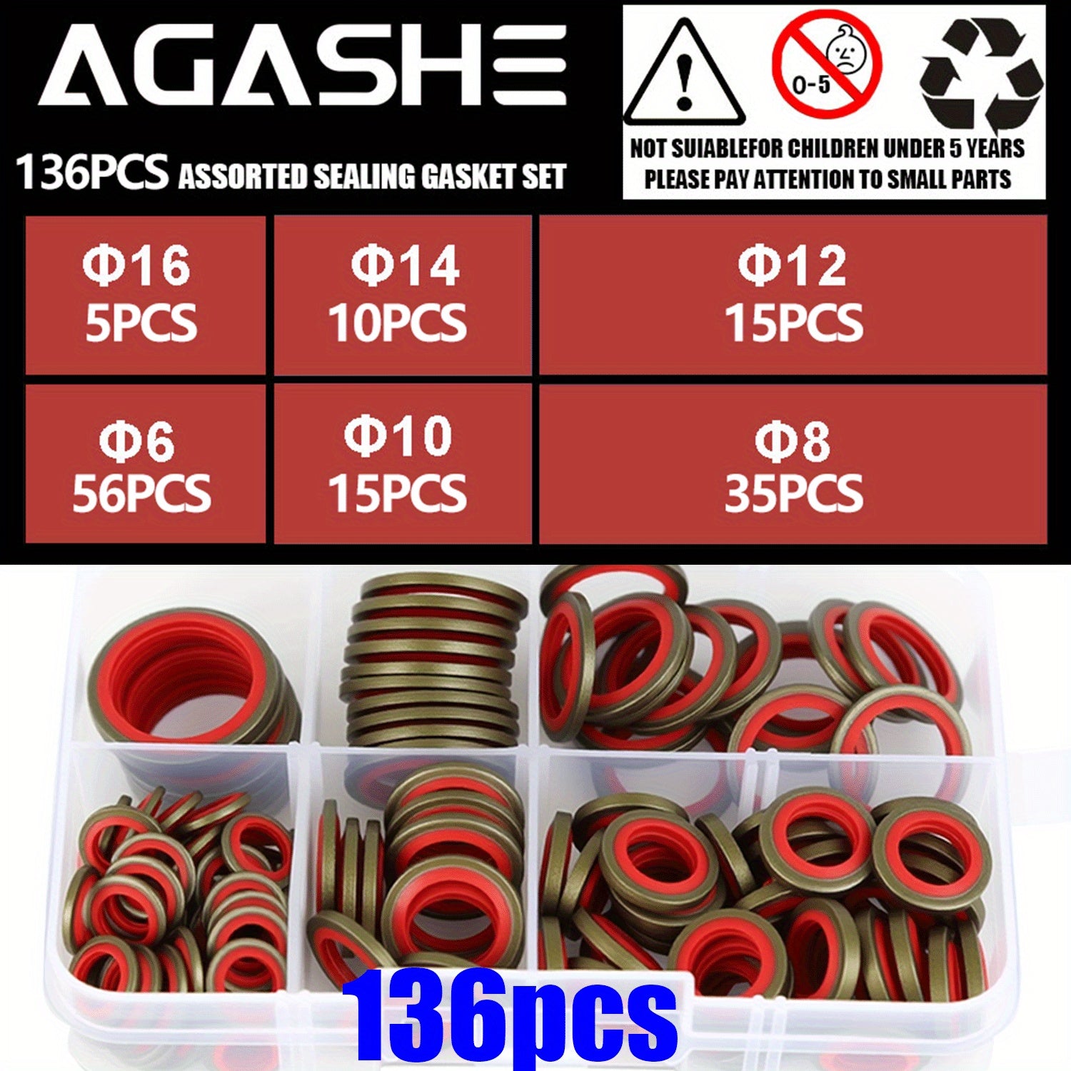 136 Piece Oil Drain Bolt Gasket Seal Set - M6/M8/M10/M12/M14/M16 NBR Rubber Metal Sealing Gaskets, Replaceable Leak-Proof Drain Plug Locking Seals, Suitable for Cars / Trucks / Hydraulic Systems, Heavy Duty Gasket Set with Storage Case