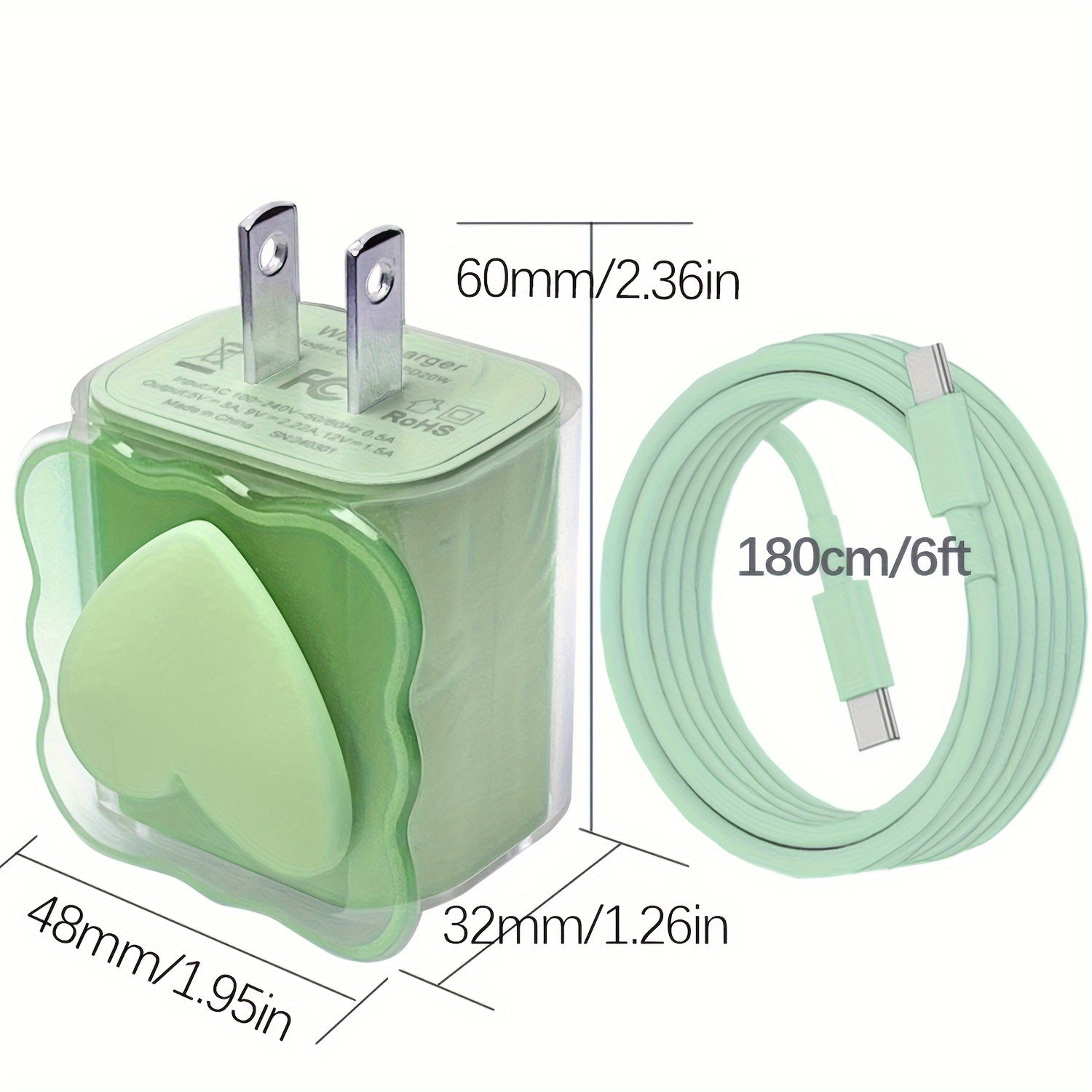 20W PD USB-C Fast Charger with Heart-Shaped Design, Includes 6ft Cable for Samsung S24/S23/S22/S21/S20 (Plus Ultra), 20/10/9/8, Pixel 6/5/4 Pro XL - Multicolor Options, Mobile Device Charger|Decorative Cable|Pastel Charging Accessories, Fast Charger for A