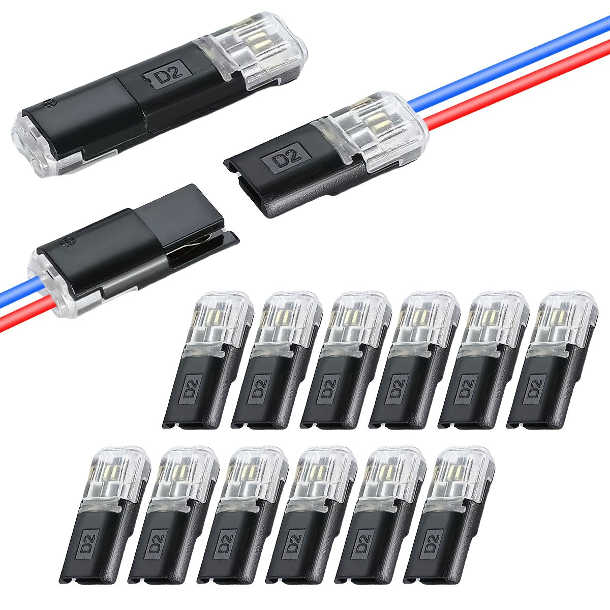 12pcs/60pcs Dual Wire Insertion Connector, 2-Pin 2-Port, PVC Insulation, Copper Contact Material, Quick Connect Terminal, No-Charge Power Mode, with Locking Clip, for LED Wire Connection in Cars and Home Use