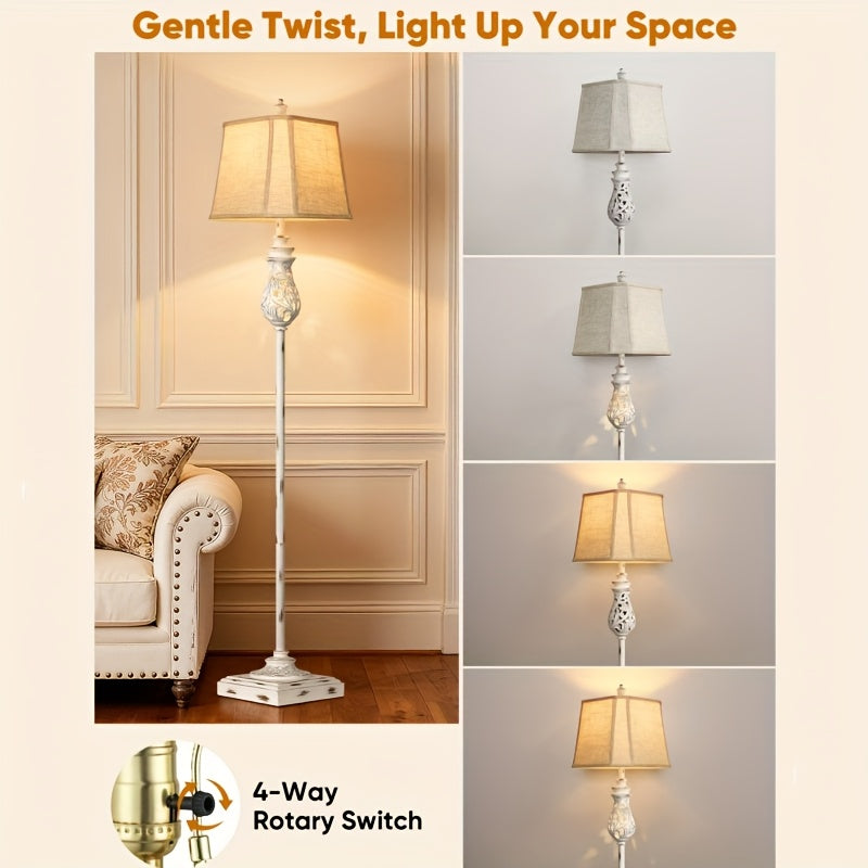 64-inch vintage floor lamp with night light function, three-level dimming rustic style tall standing lamp, with rotary switch and beige linen lampshade, suitable for living room, corner, bedroom and home decoration, white (bulb included)