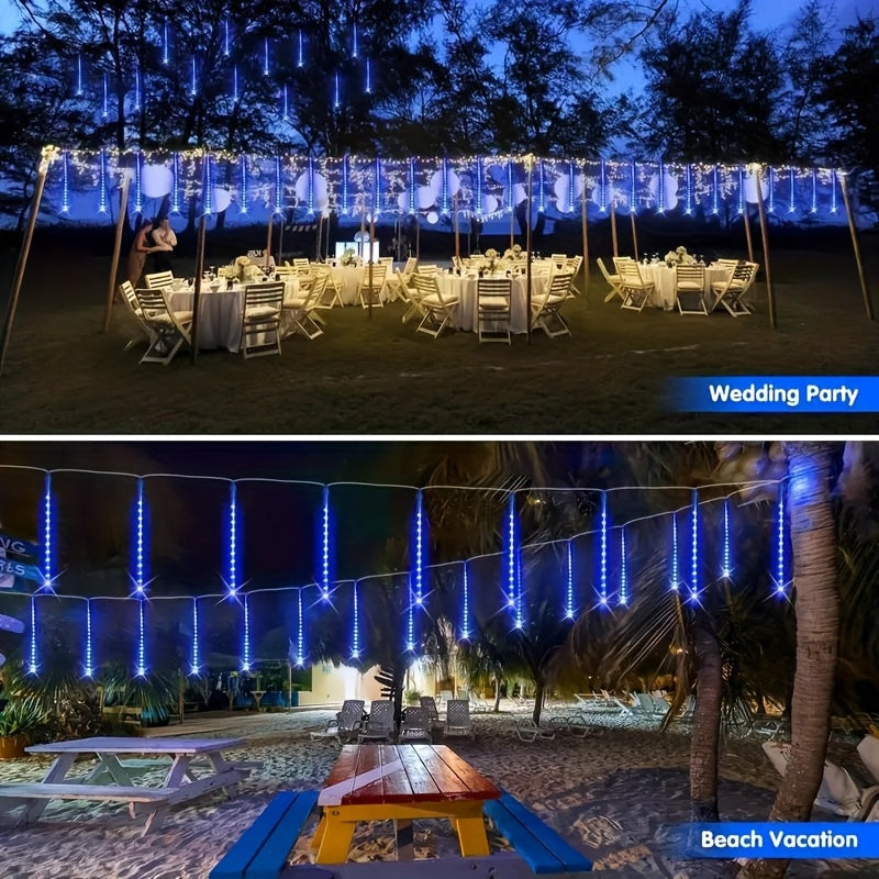 1 piece 30cm/11.81inch or 45cm/17.72inch solar meteor tube light outdoor, automatic on/off, smart light sensor, 192LED/288LED 8-tube hanging solar fairy light, IP65 high quality, suitable for garden, wedding, Christmas, Halloween, party