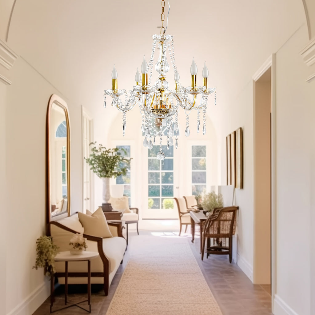 Modern gold crystal chandelier, 6-light branched pendant light, with chain, elegant chandelier, suitable for dining room, bedroom, living room, hotel, home decorative lighting, E12 base, bulbs not included