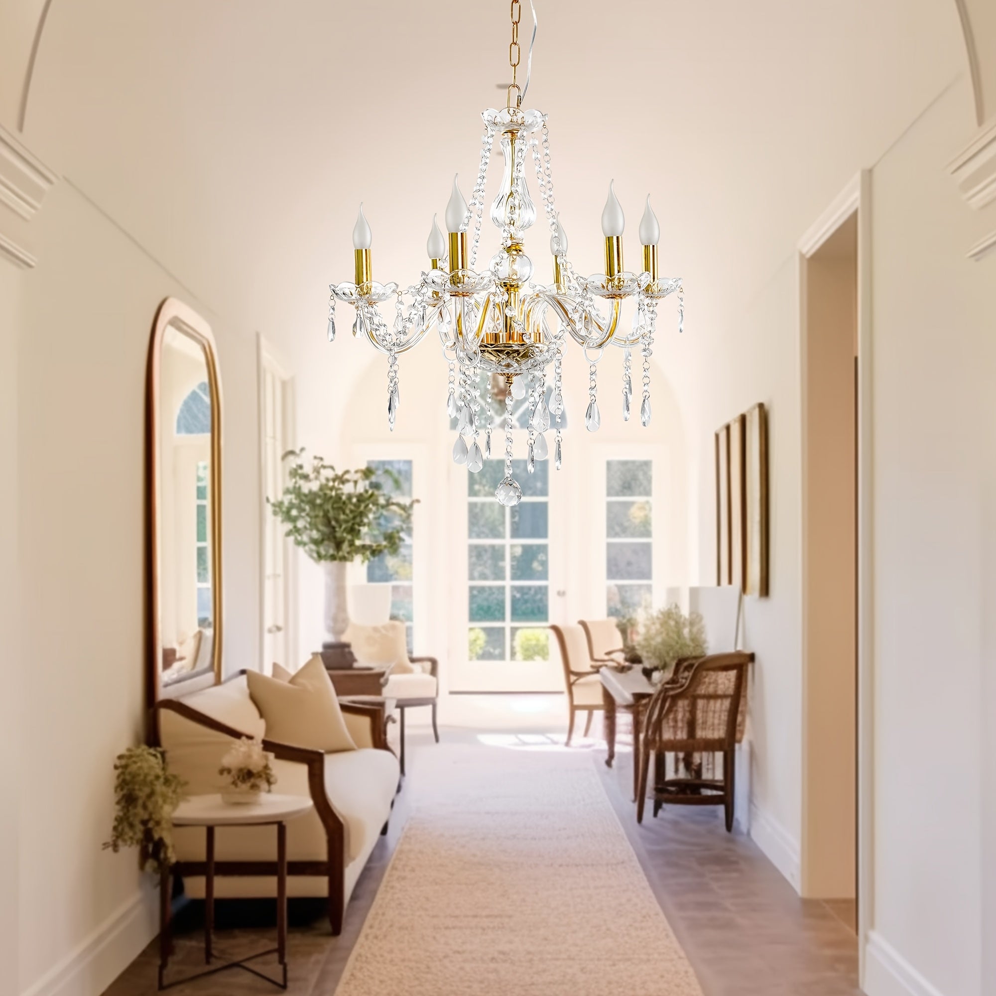 Modern gold crystal chandelier, 6-light branched pendant light, with chain, elegant chandelier, suitable for dining room, bedroom, living room, hotel, home decorative lighting, E12 base, bulbs not included