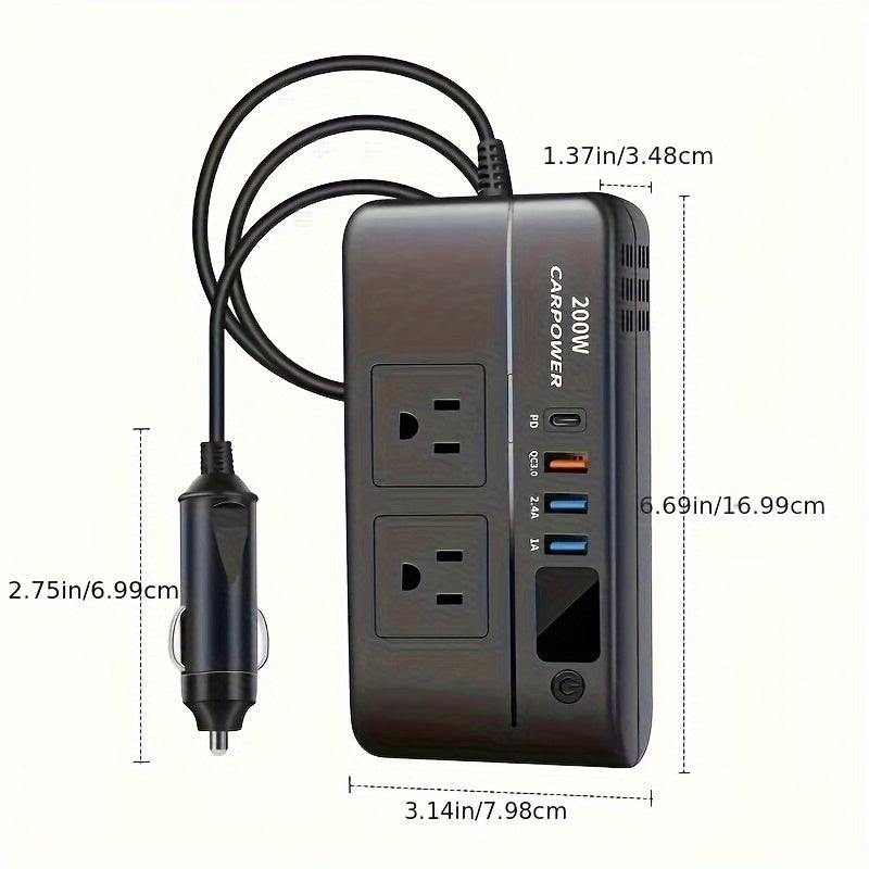 200瓦汽车电源逆变器，DC 12V转AC 110V车载充电适配器带开关和电流LED显示屏，3个USB接口+1个Type-C端口，适用于轿车、SUV及卡车（黑色）