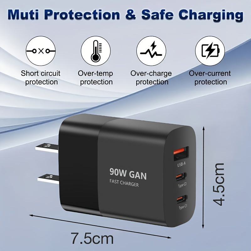 90W 3-port Fast Charging USB-C Charger, American Plug, Portable Charging Set