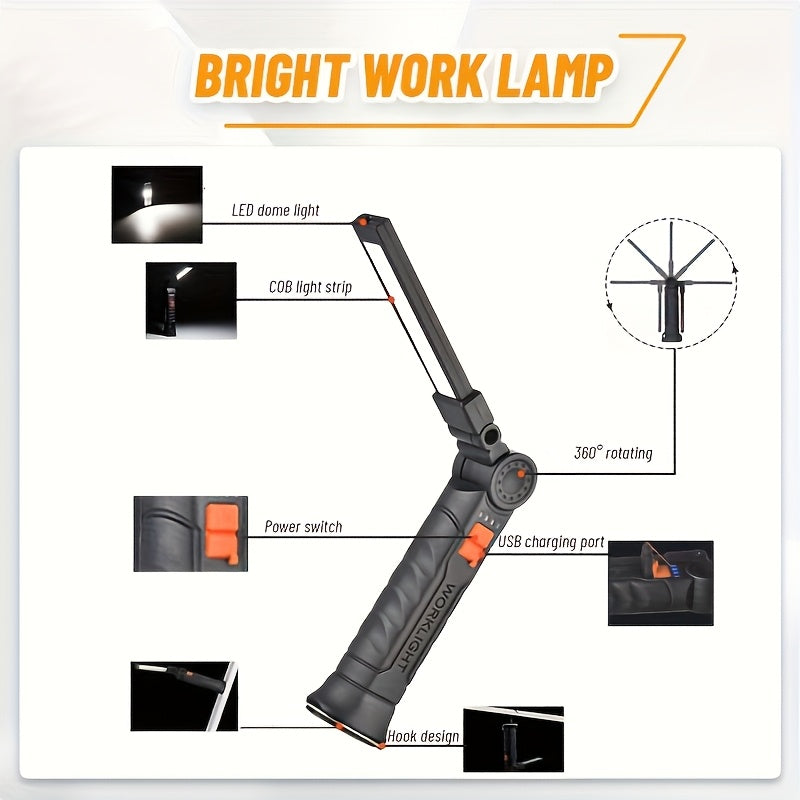 1-Pack, High-Brightness Handheld LED Flashlight, USB Rechargeable, Suitable for Home Use. This Portable Foldable Work Light Features 4 Modes & a Mini COB Flashlight Design.