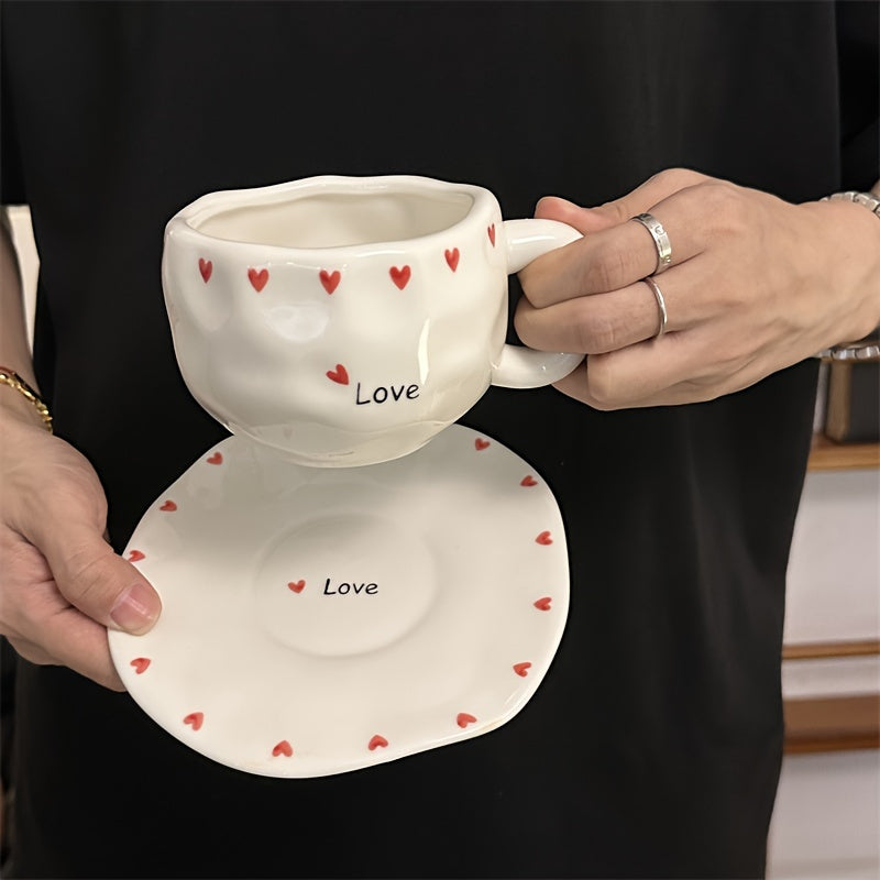 Single Set 300ml / 10.15oz Retro Flower Ceramic Cup & Saucer, Tulip Heart Bow Strawberry Irregular Coffee Cup & Saucer, Hand-Pinched High-Appeal Afternoon Tea Mug