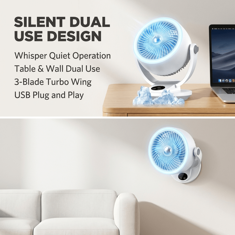 USB Ice Feeling Circulation Fan, 10 Inch Small Desktop Fan, Desktop & Wall Dual Use, High Airflow, Ultra Quiet, 3 Blades, Unique Air Duct Design, Engine Hurricane Wind