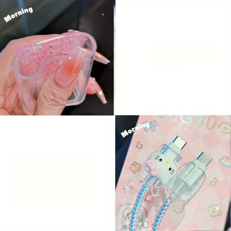 Sanrio Collaboration Hello Kitty Glitter Charging Case Set, Includes a 20W USB-C Fast Charger for Apple, Anti-Bend Protective Case, Suitable for Car/Home/Travel, Tangle-Free And Non-Slip Transparent Silicone Cable Organizer, Adorned with a Cute Bow
