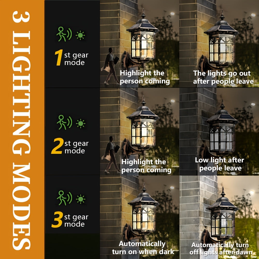 1-Pack Solar Outdoor Wall Light, Vintage European Medieval Style, Silicon Solar Panel, 1200mAh Lithium Battery, Motion Human Body Induction, 3 Modes, Semi-Flush Mount (Removable), Plastic Lampshade, Automatic Lighting