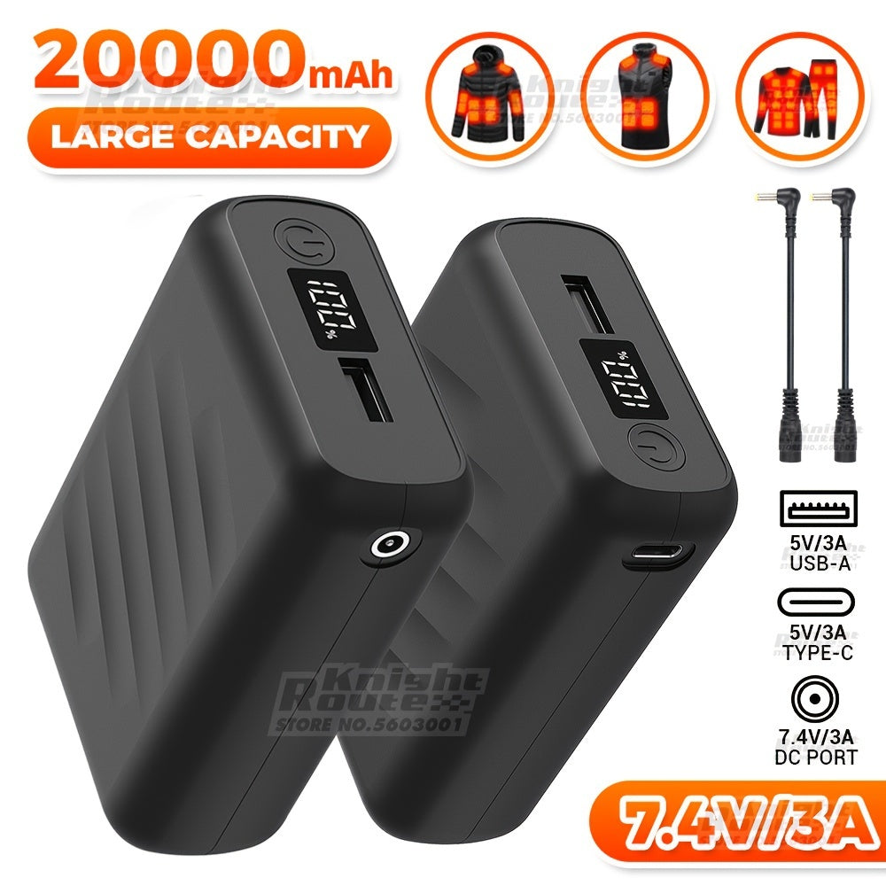 20000mAh Power Bank, DC 7.4V/3A & USB 5V/3A Portable USB Charger Fast Charging External Battery Pack for Heating Jacket Vest Pants Clothing Equipment