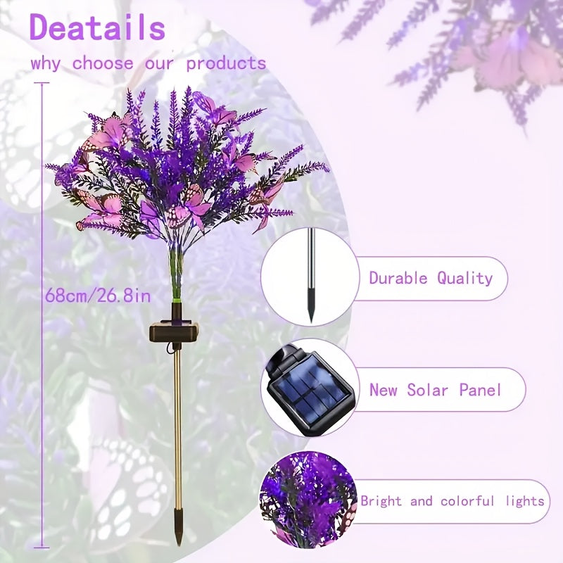 4pcs太阳能7头薰衣草带蝴蝶共同灯LED户外防真花灯太阳能花园灯户外装饰庭院花园、小径、后院、草坪插地灯