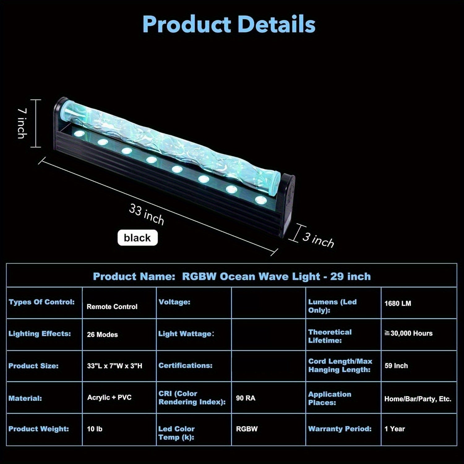 RGBW Dynamic Wave Wall Light, Ocean Wave Projection Light, Flowing Water Effect, Music-Sync Color Changing Ambient Light, 16 Million Colors DIY Dimming, LED Ambient Lighting, Suitable for Bars, Bedrooms, Game Rooms