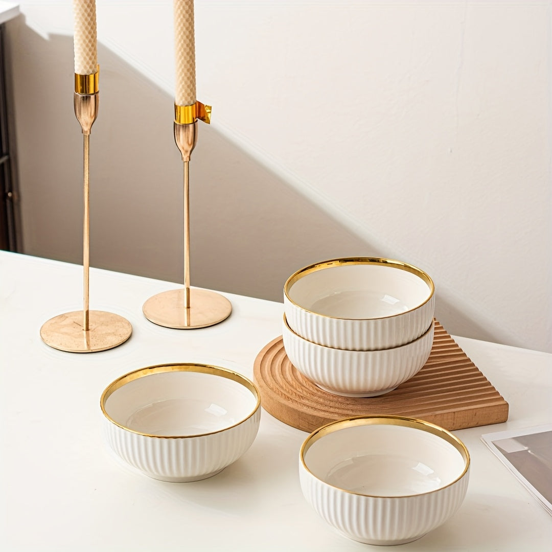 4-Piece Luxury Gold Rim Ceramic Noodle Bowl Set, Salad & Fruit Bowl, Round Kitchen Tableware – Dishwasher Safe