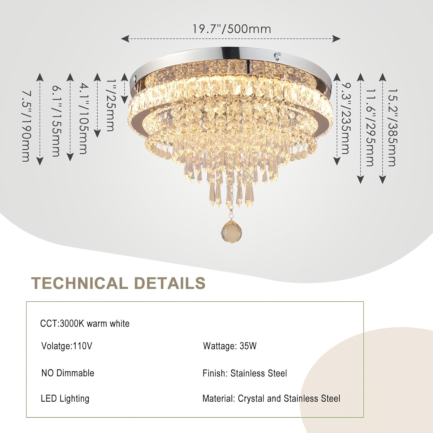 19.7-Inch Modern Crystal Ceiling Light LED Pendant Light, Warm White Light, Recessed Lighting Fixture for Bedroom, Living Room and Dining Room