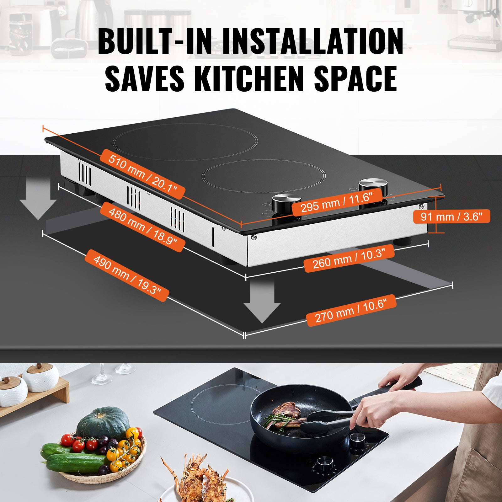 VEVOR Built-In Induction Cooktop Radiant Ceramic Stove 2 Burners 20.1 x 11.6 Inches/