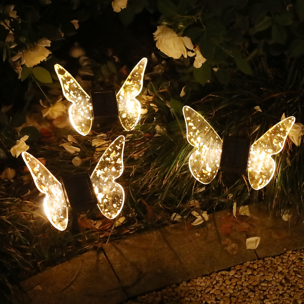 Solar Butterfly Light, Acrylic Wings with Gold Foil Decoration, Dual-Purpose Ground/Wall Light, Suitable for Courtyard, Villa, Garden and Path Ambient Lighting