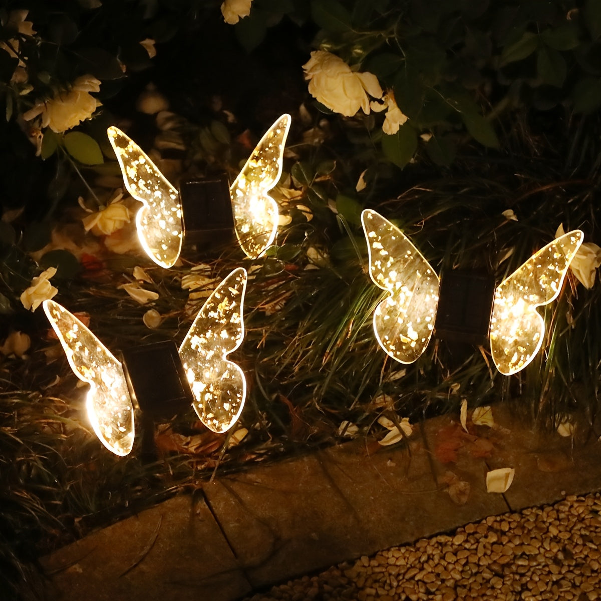 Solar Butterfly Light, Acrylic Wings with Gold Foil Decoration, Dual-Purpose Ground/Wall Light, Suitable for Courtyard, Villa, Garden and Path Ambient Lighting