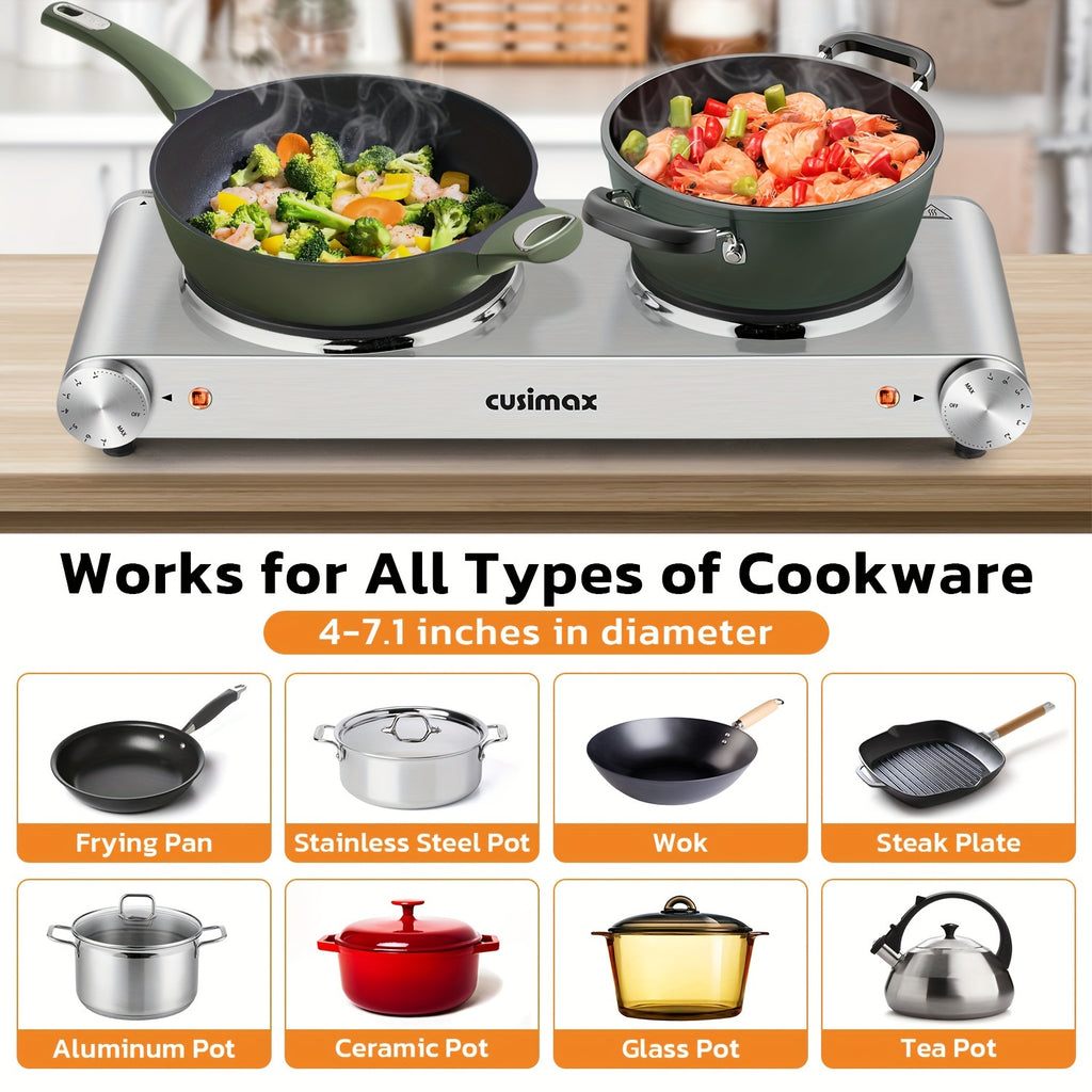 CUSIMAX Electric Hot Plate, Portable Double Burner Electric Stove, 1800W Cast Iron Double Cooktop, Compatible with All Types of Cookware, Stainless Steel